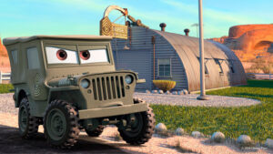 Una estructura en estilo quonset en la película de Disney Cars. En el escenario, Sargento está enfrente de una estructura de quonset.